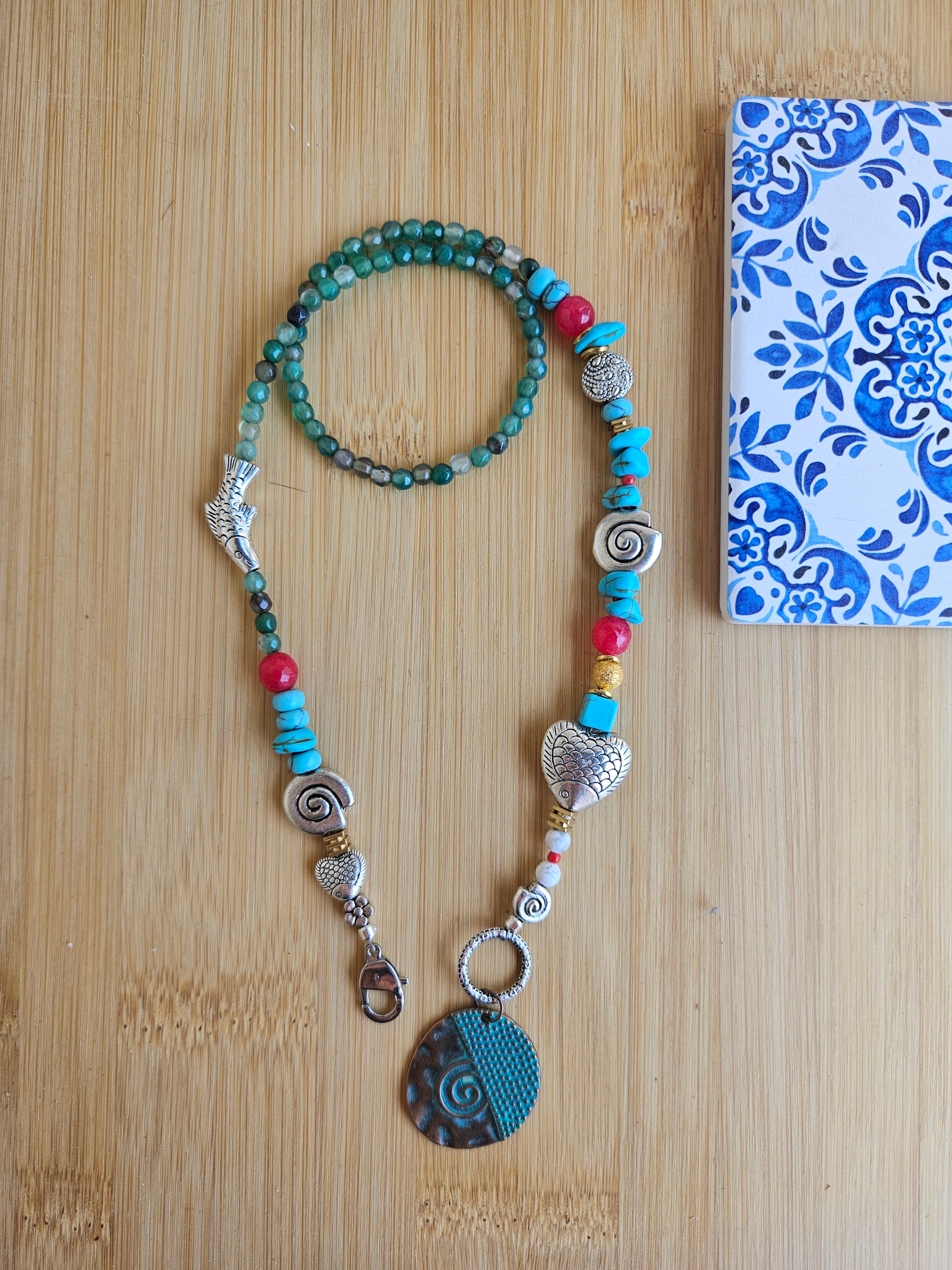 Green lace agate, turquoise and stainless steel details
