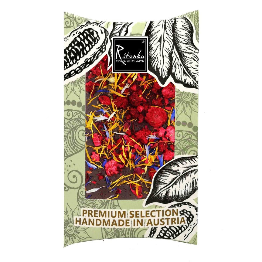 Ciocolata neagra cu zmeura si flori, 95g