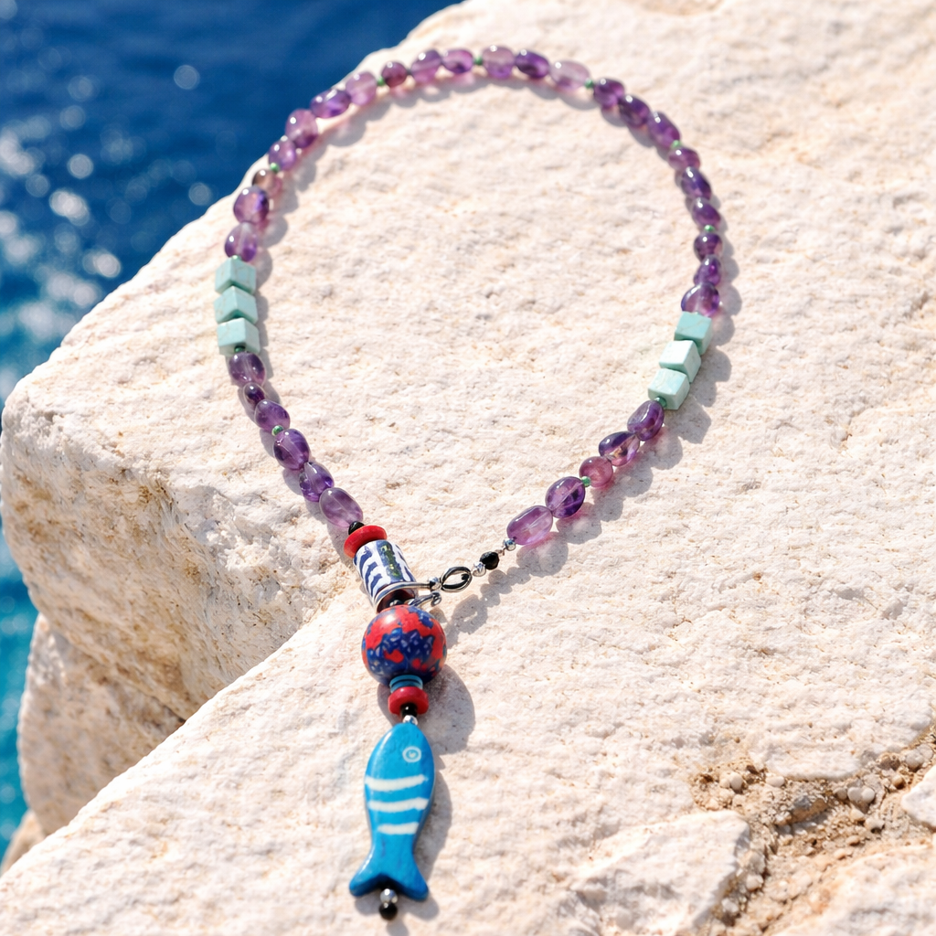 Ametist si turcoaz cu detalii de os si sticla Krobo