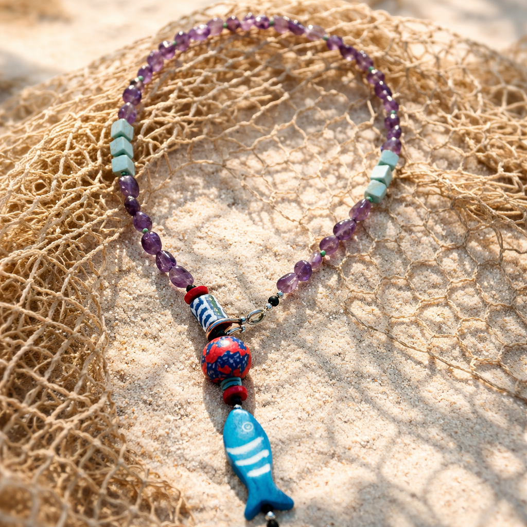 Ametist si turcoaz cu detalii de os si sticla Krobo