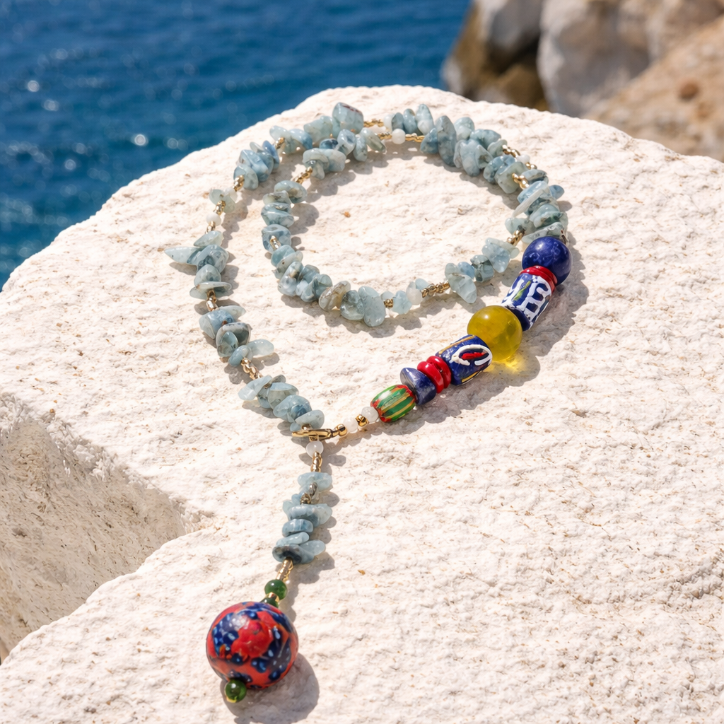 Acvamarina, coral si sticla Krobo