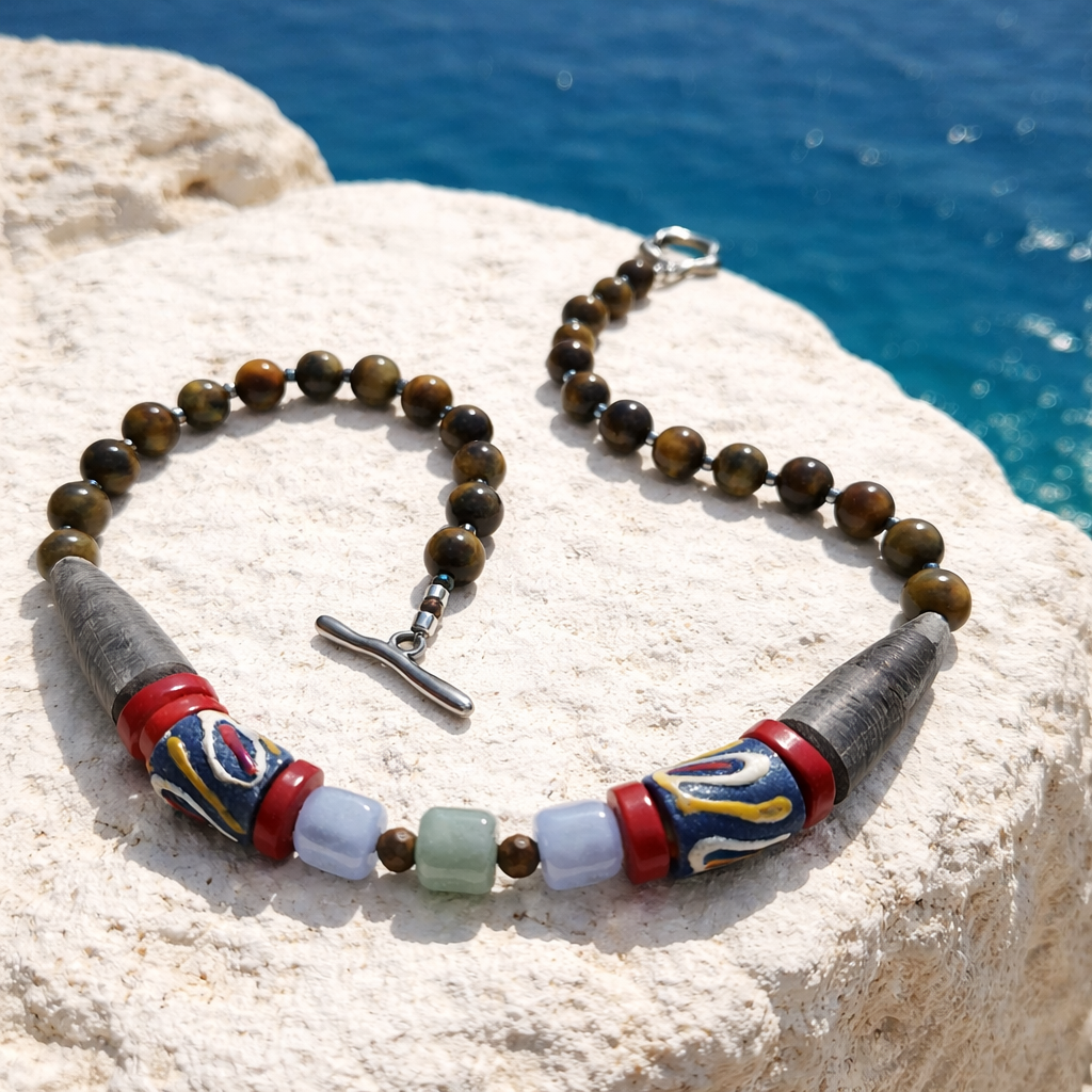 Ochi de tigru, coral si sticla Krobo