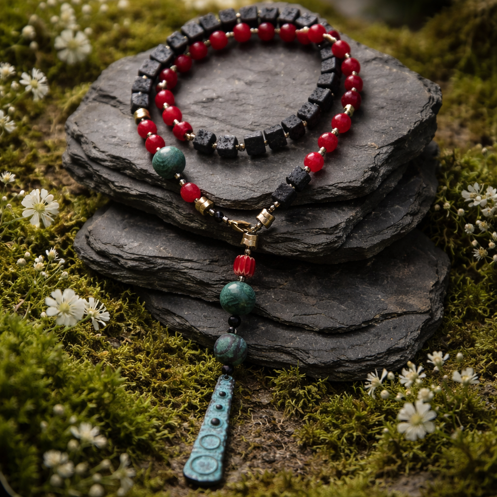 Agat rosu, lavastone, si malachite