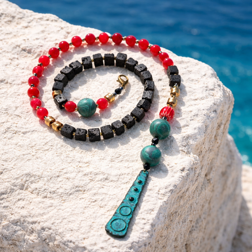 Agat rosu, lavastone, si malachite