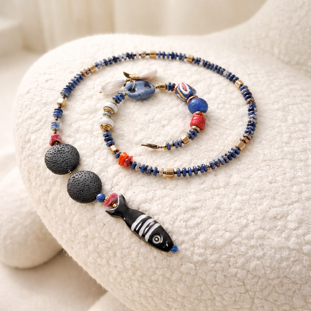 Sodalit, margele Myiuki, sticla Krobo si lava stone