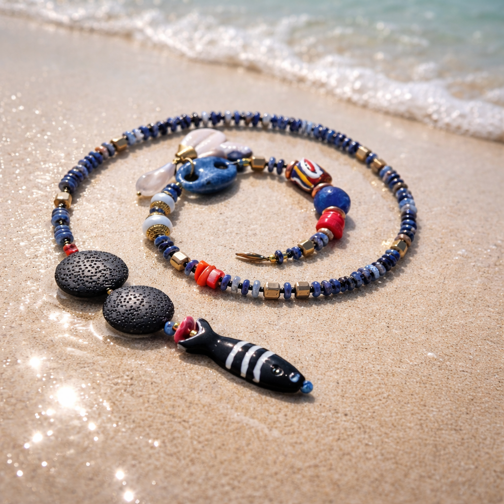 Sodalit, margele Myiuki, sticla Krobo si lava stone