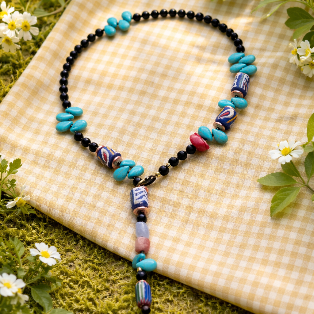 Onix, sticla Krobo, coral, margele Myiuki si turcoaz.