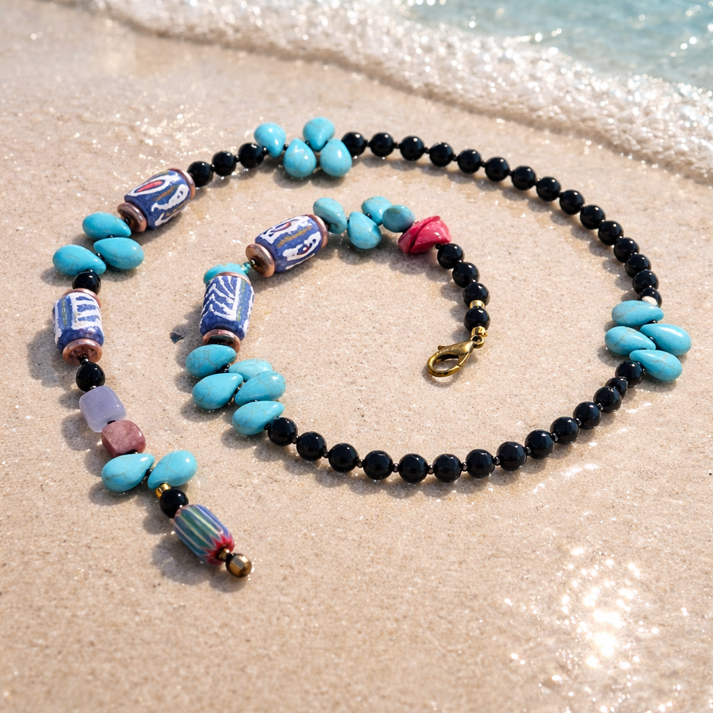 Onix, sticla Krobo, coral, margele Myiuki si turcoaz.