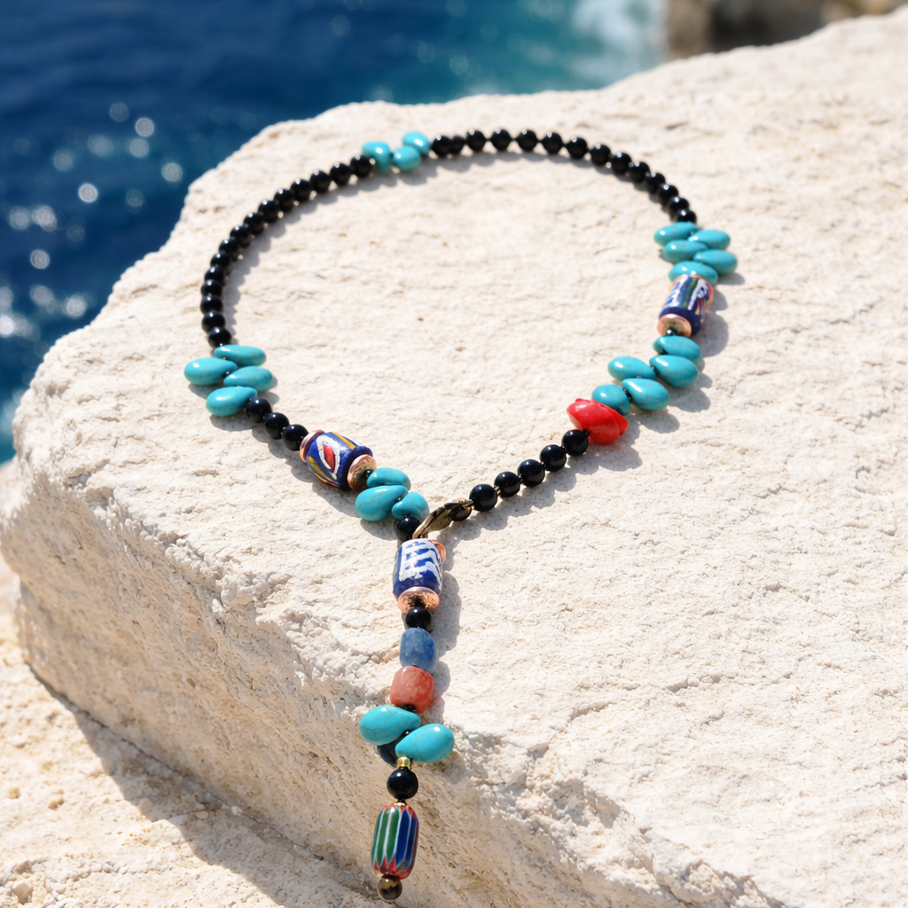 Onix, sticla Krobo, coral, margele Myiuki si turcoaz.