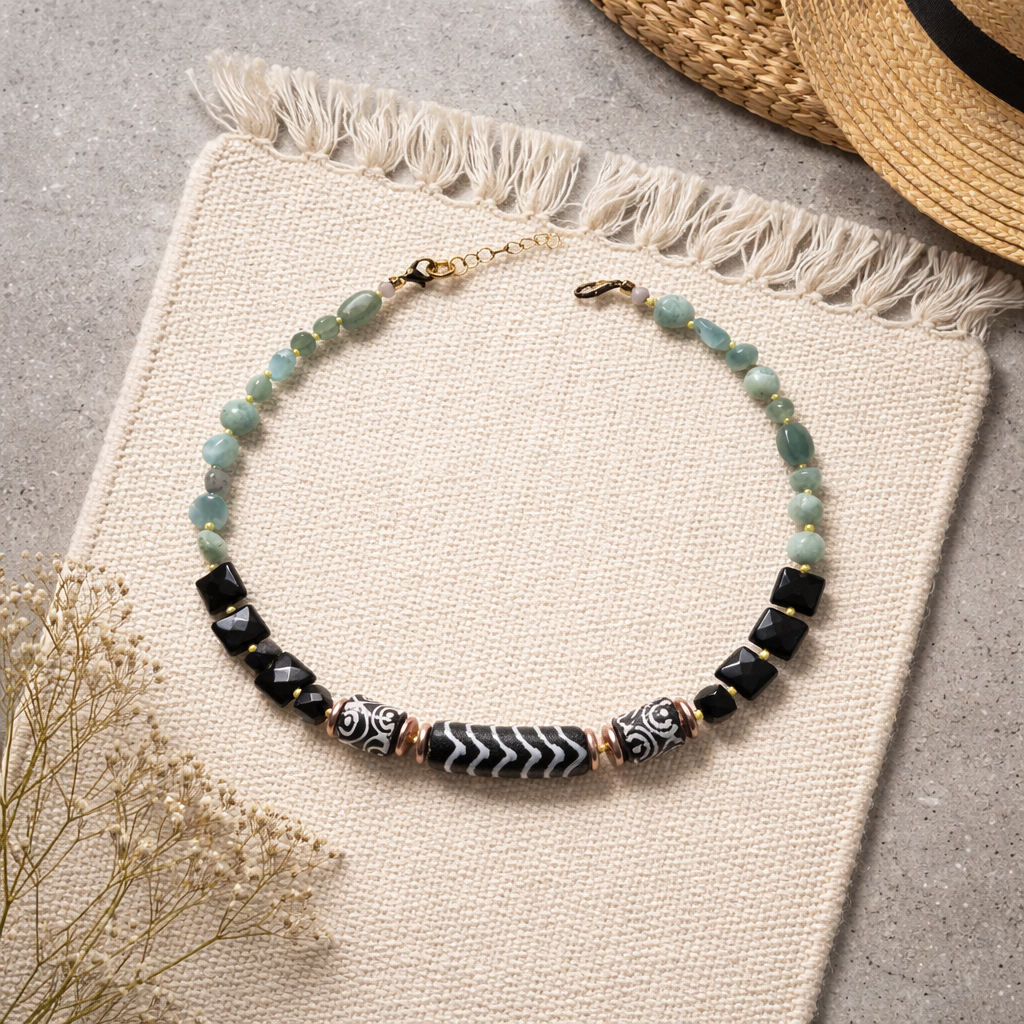Onix, larimar, hematite, sticla Krobo si margele Myiuki