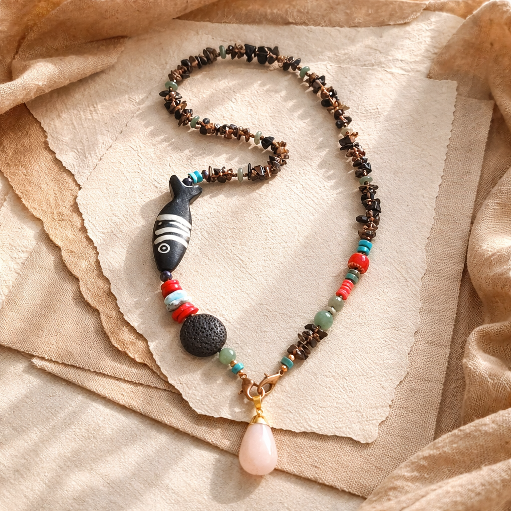 Quart fumuriu, margele Myiuki , lava, larimar,coral si os