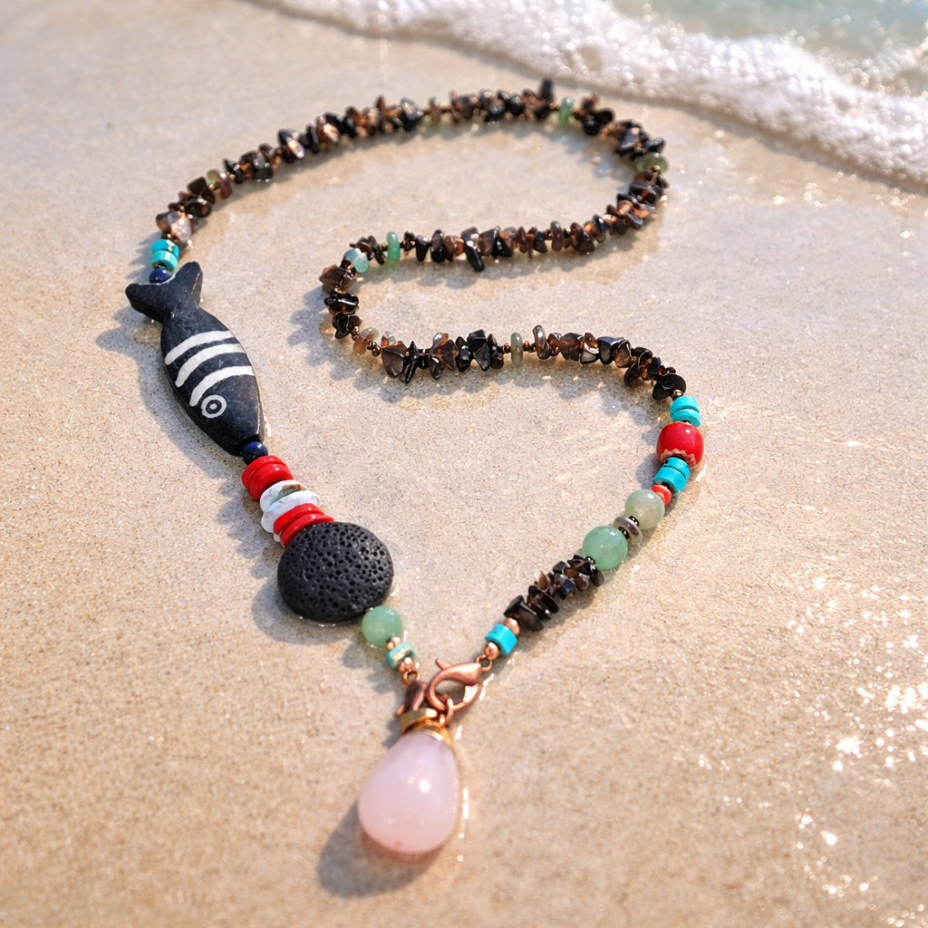 Quart fumuriu, margele Myiuki , lava, larimar,coral si os