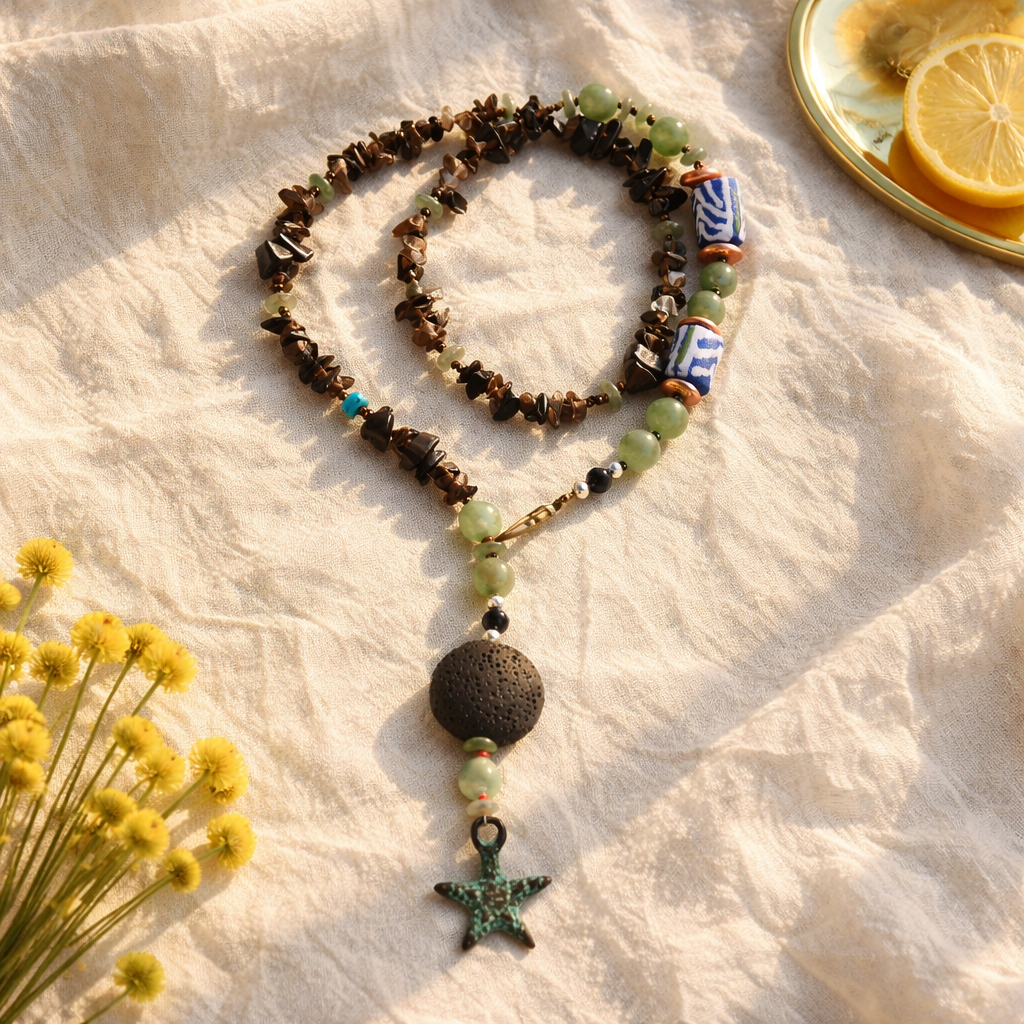 Quart fumuriu, margele Myiuki , lava, aventurin si sticla Krobo