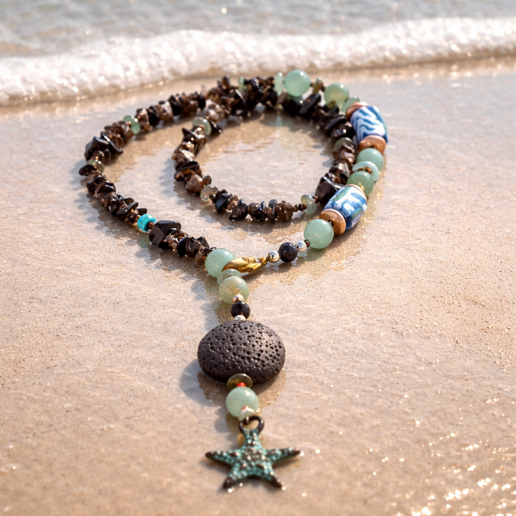 Quart fumuriu, margele Myiuki , lava, aventurin si sticla Krobo