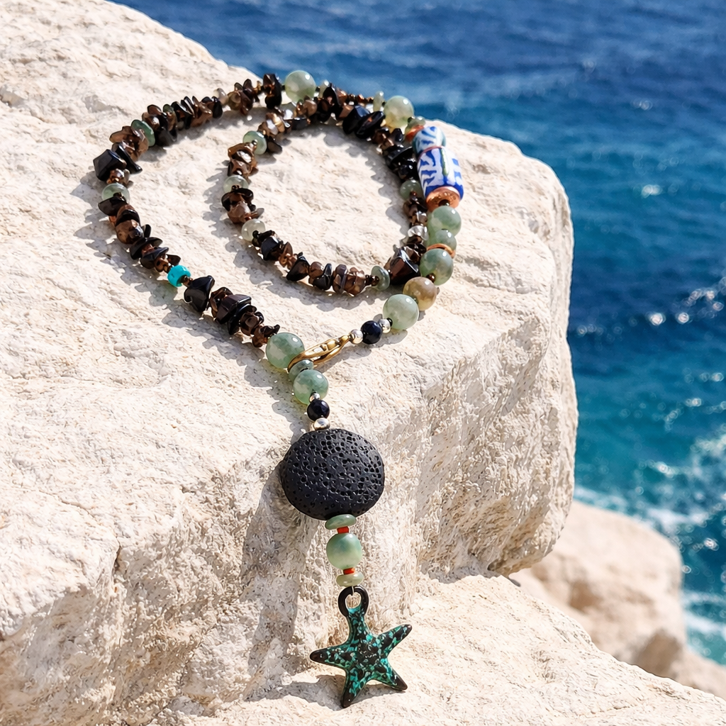 Quart fumuriu, margele Myiuki , lava, aventurin si sticla Krobo