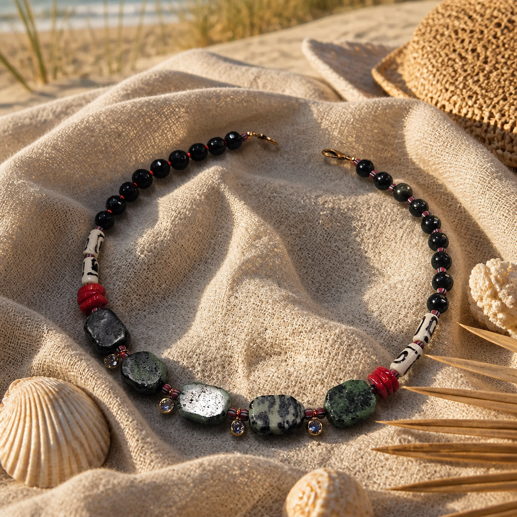 Obsidian, rubin zoisit, coral, os si margele Myiuki
