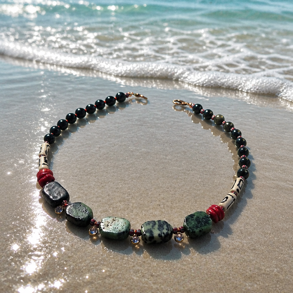 Obsidian, rubin zoisit, coral, os si margele Myiuki