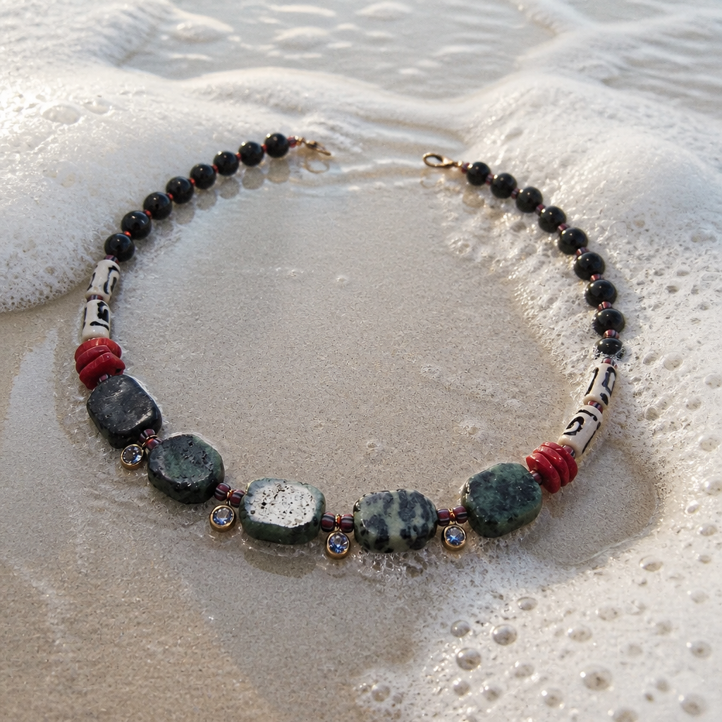 Obsidian, rubin zoisit, coral, os si margele Myiuki