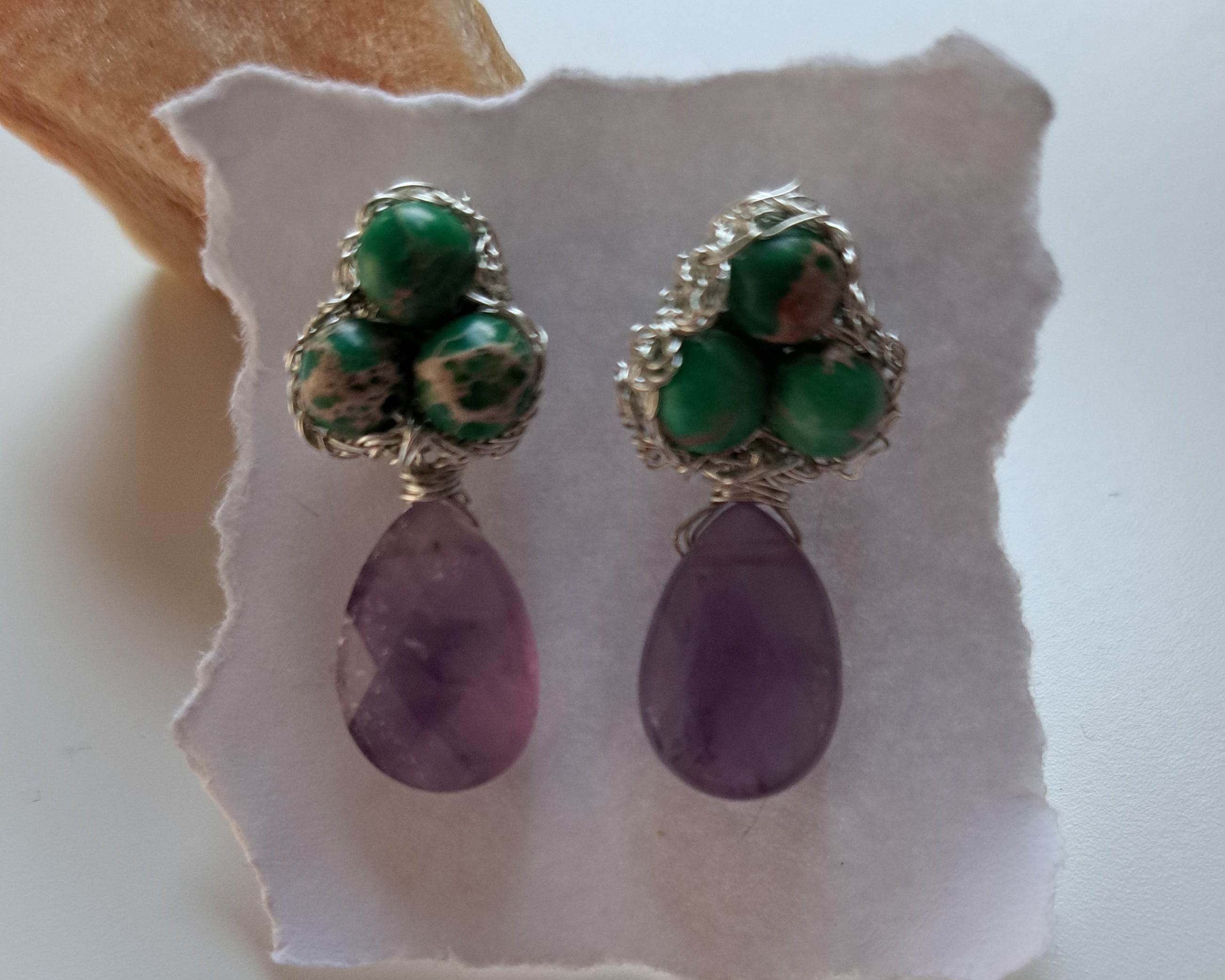 Regalite and amethyst - Crochet lace earrings made of copper wire and semi-precious stones