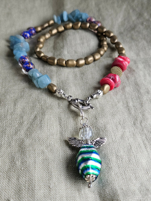Acvamarin , hematit, coral si sticla de Murano