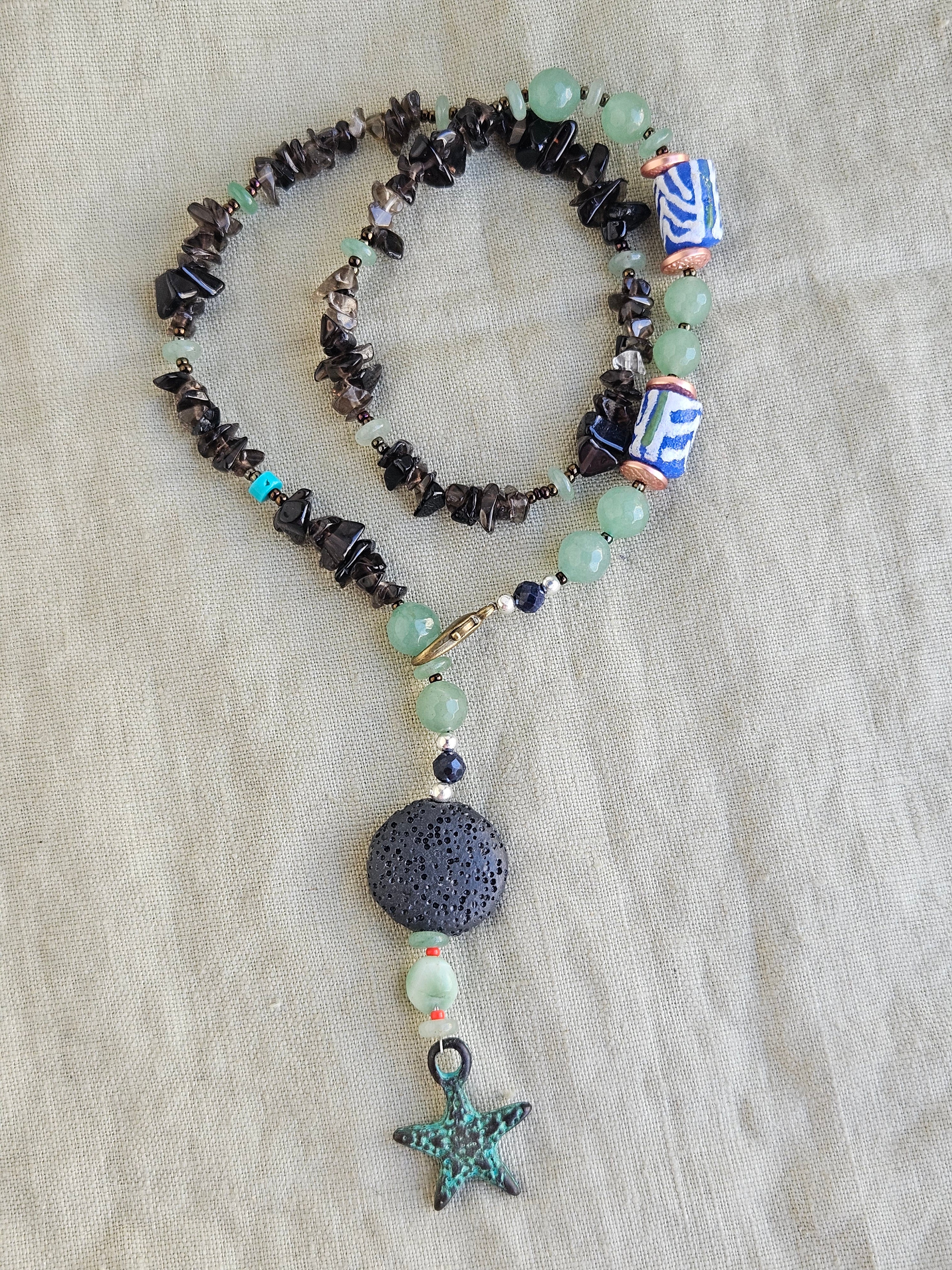 Quart fumuriu, margele Myiuki , lava, aventurin si sticla Krobo