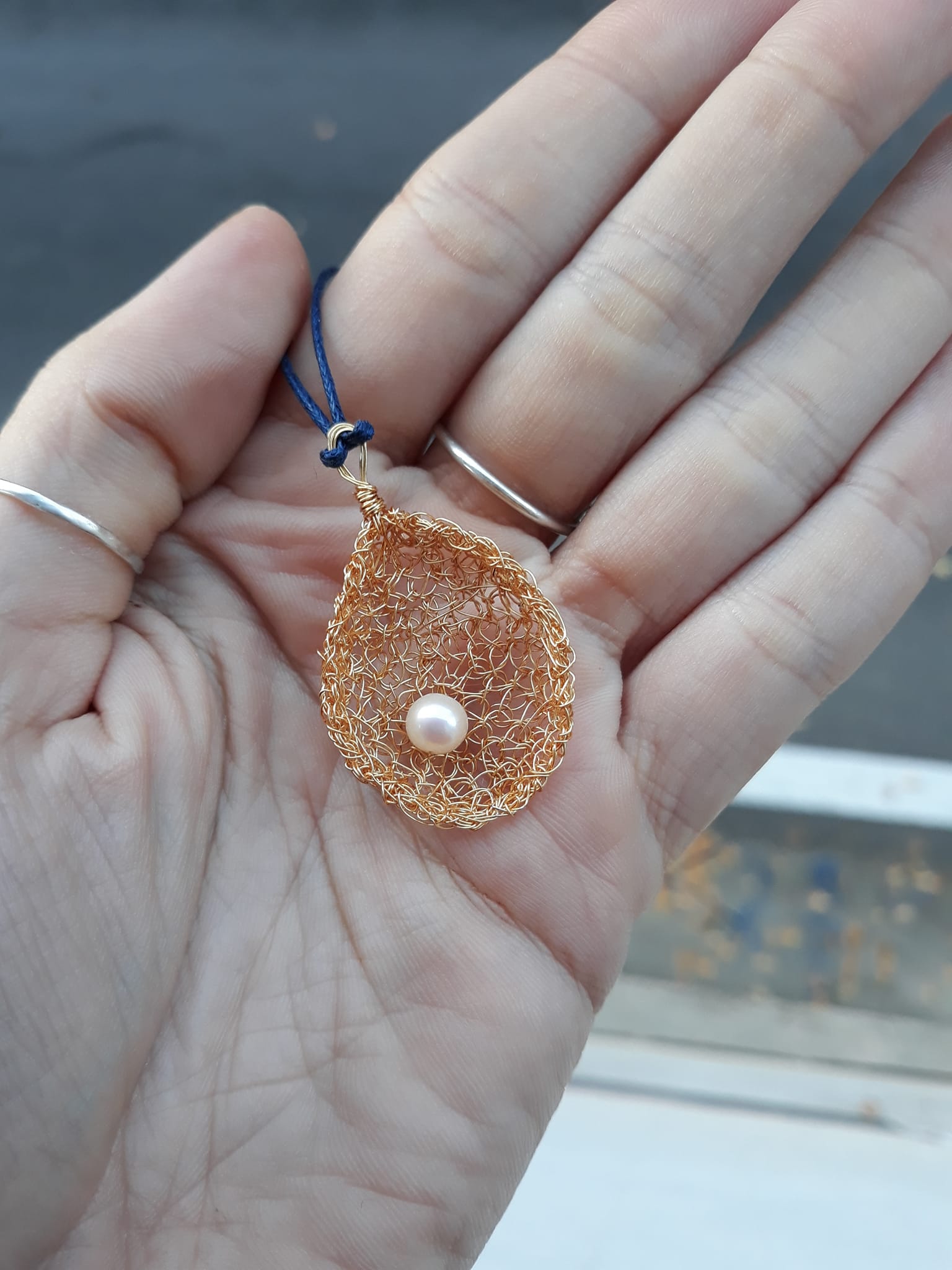 Crochet lace necklace made of copper wire and semi-precious stones