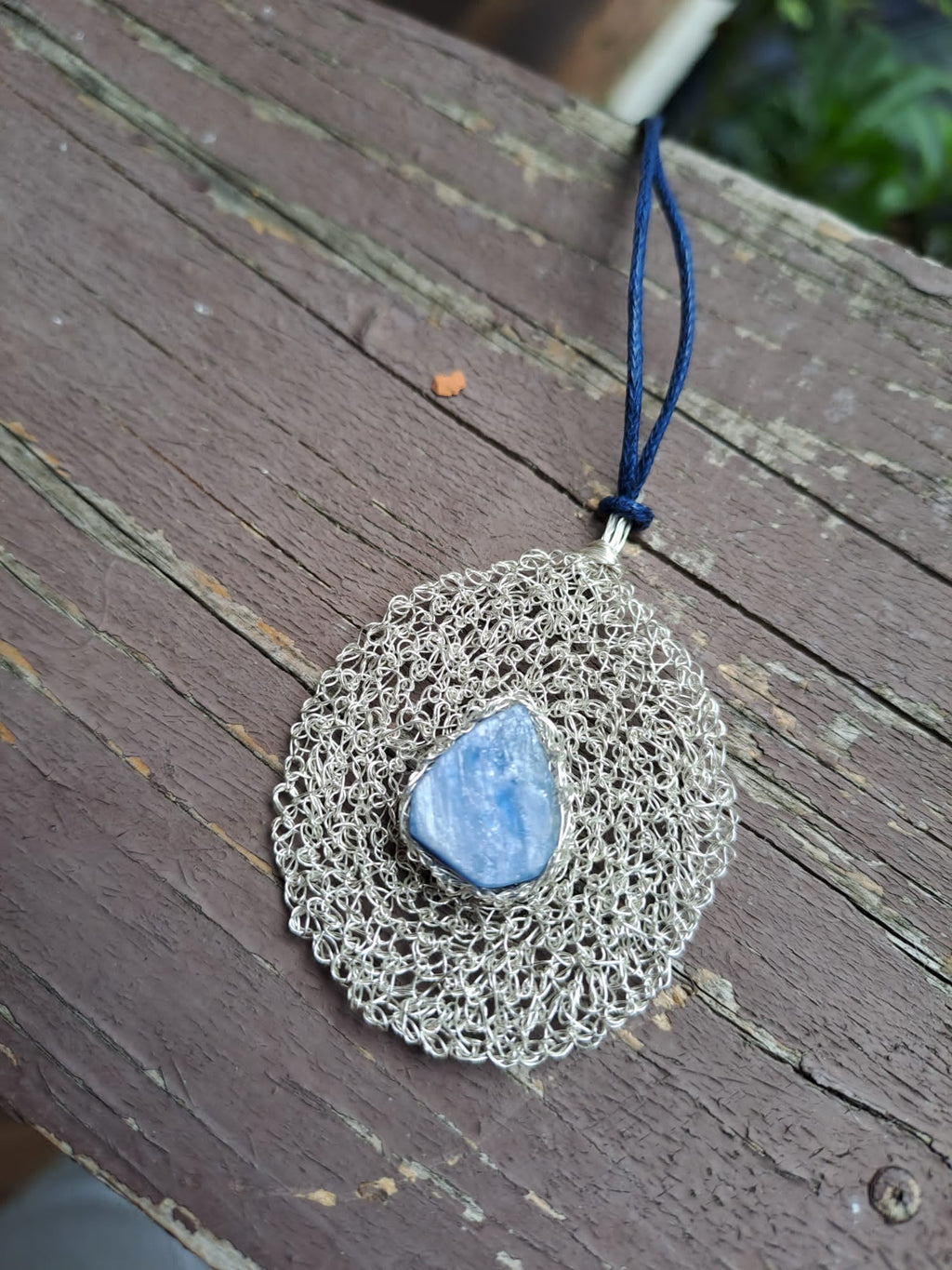 Crochet lace necklace made of copper wire and semi-precious stones