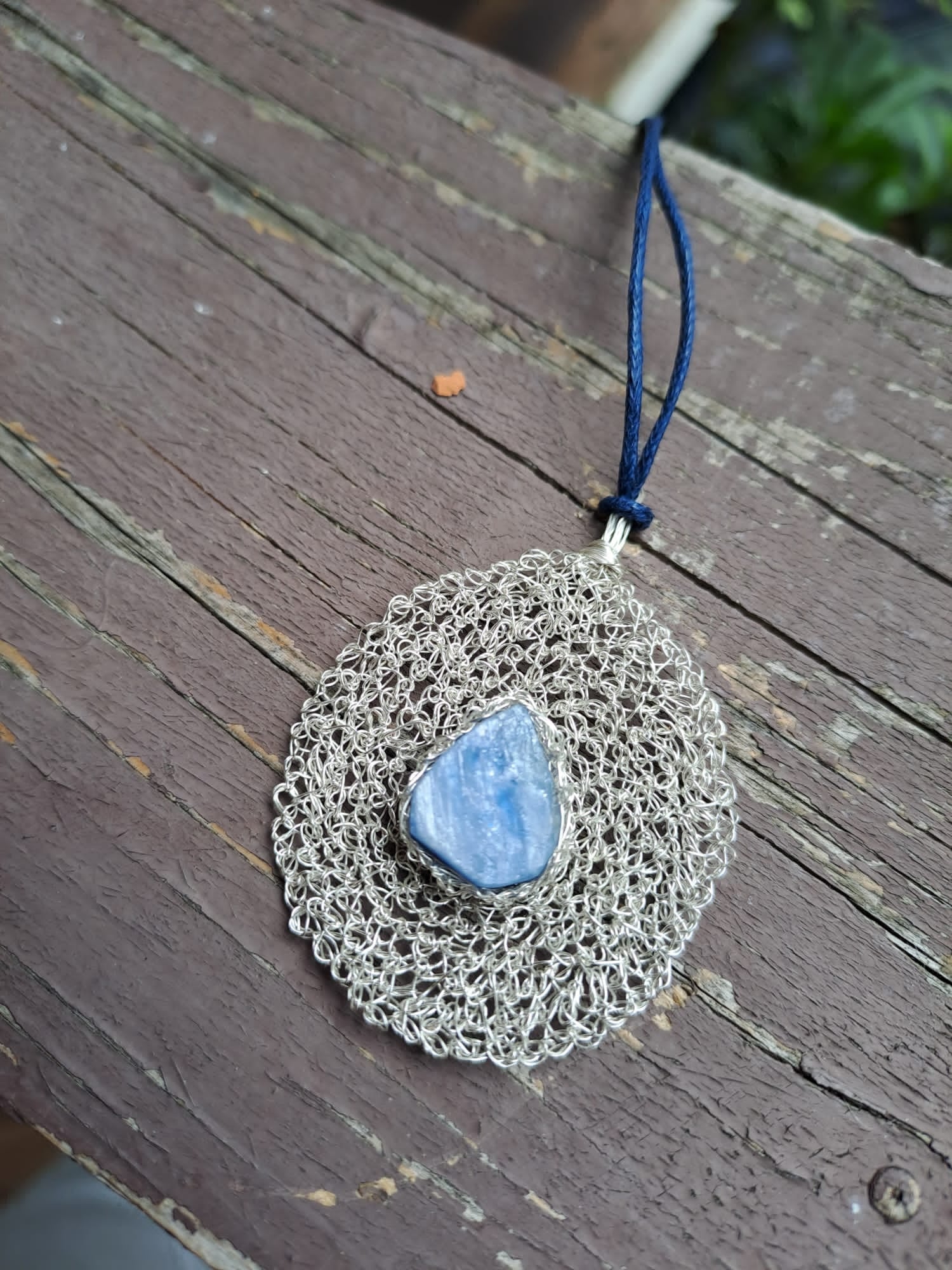 Crochet lace necklace made of copper wire and semi-precious stones