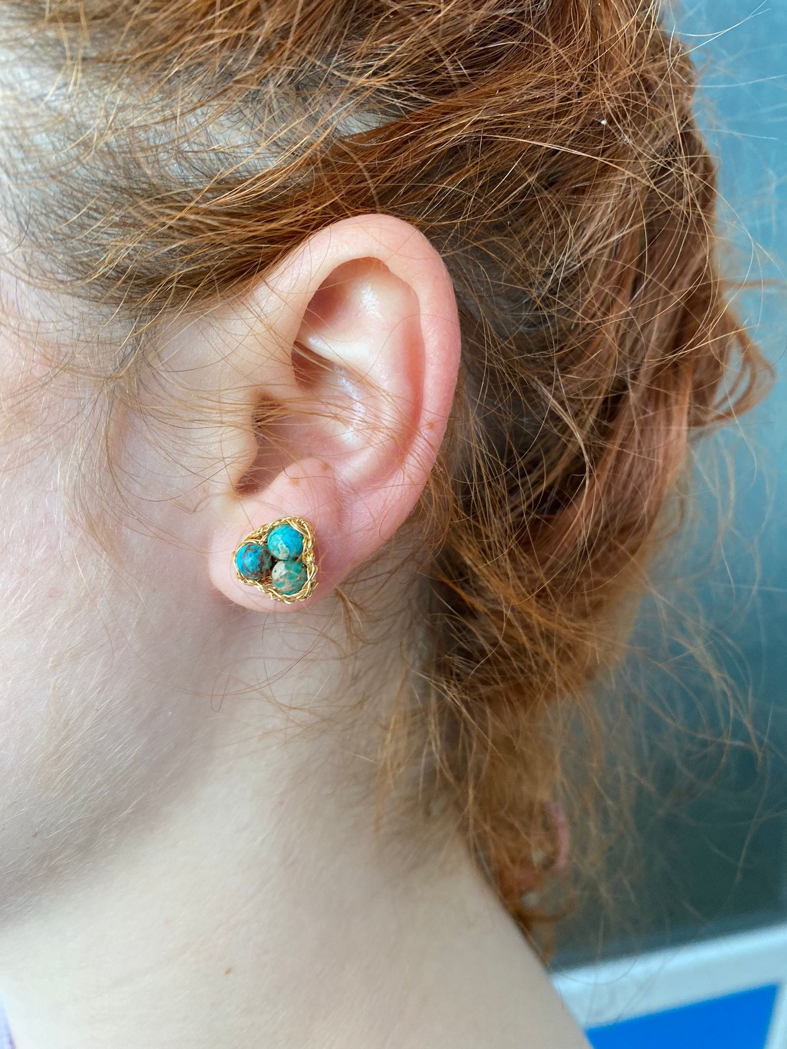 Trio- Crochet lace earrings made of copper wire and semi-precious stones