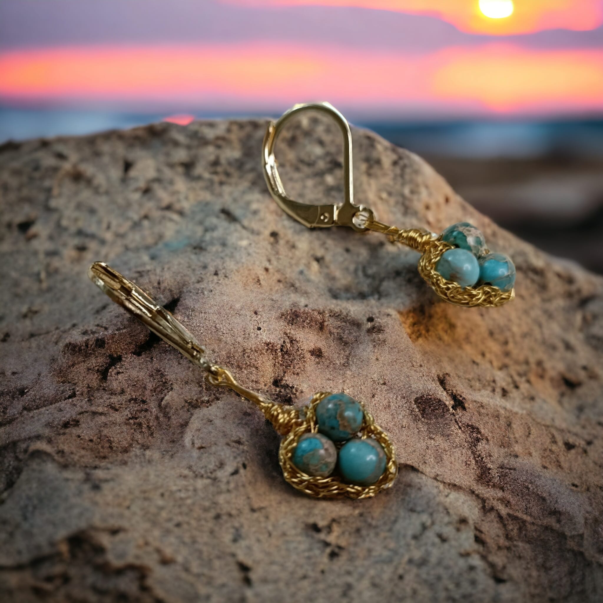 Trio- Crochet lace earrings made of copper wire and semi-precious stones