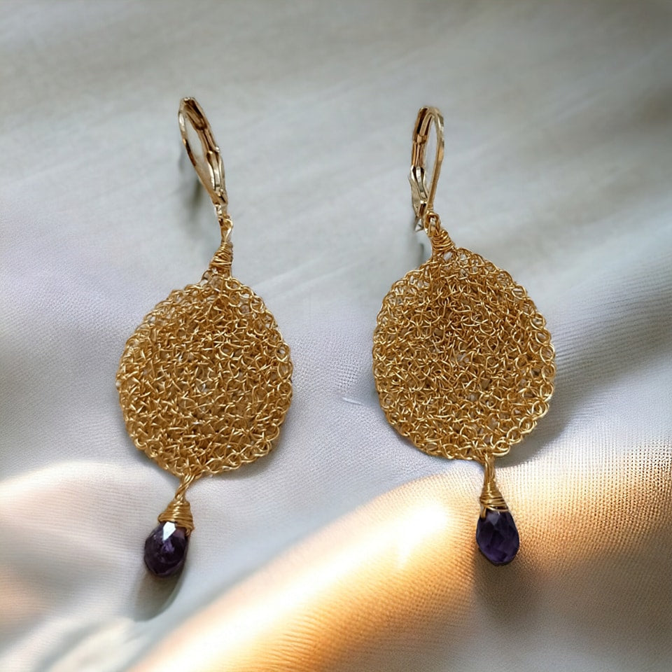 Amethyst - Crochet lace earrings made of copper wire and semi-precious stones