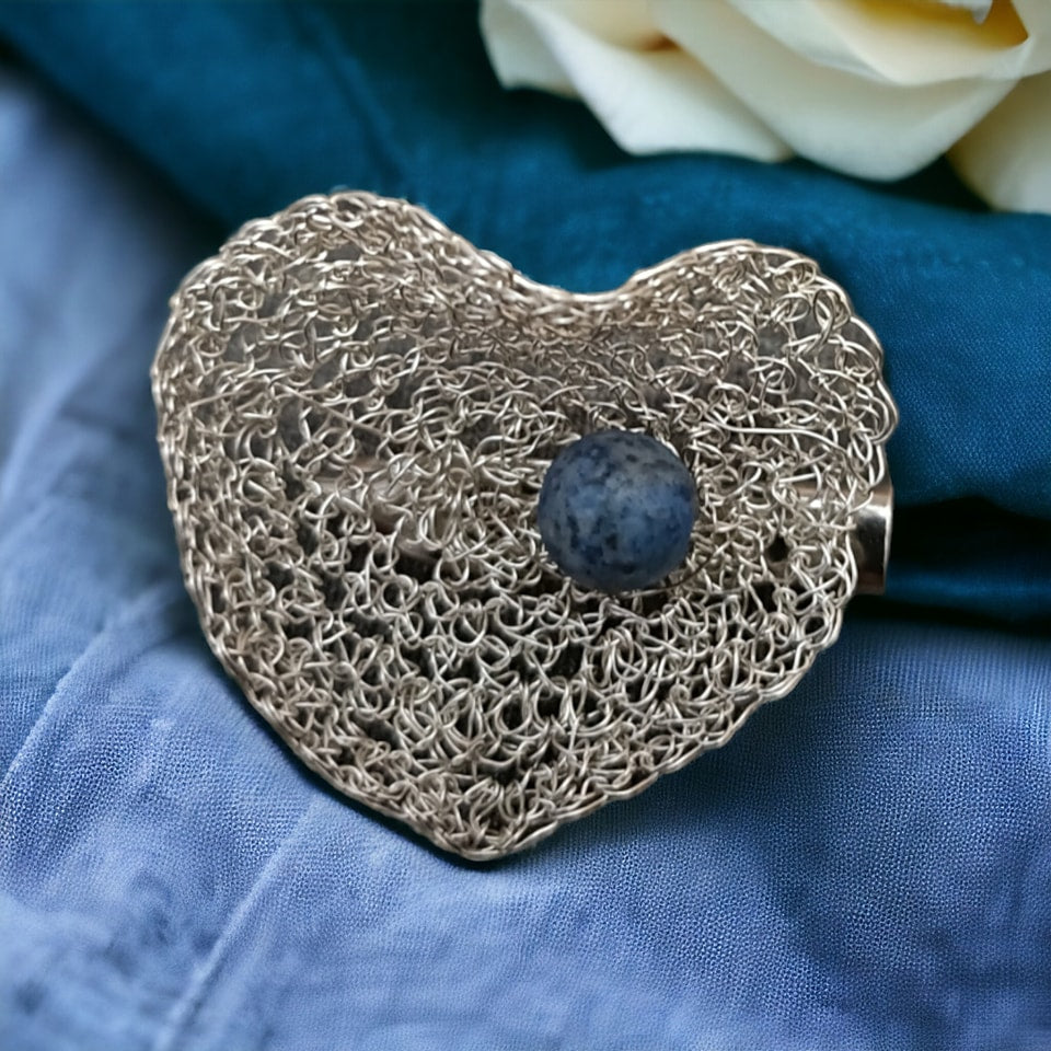 Crocheted lace brooch made of copper wire and semi-precious stones 