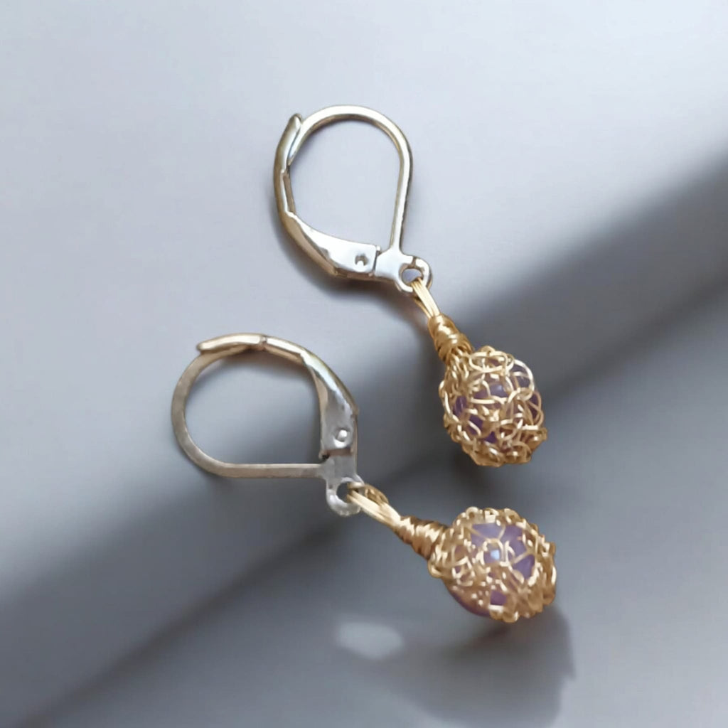 Amethyst-Crochet lace earrings made of copper wire and semi-precious stones