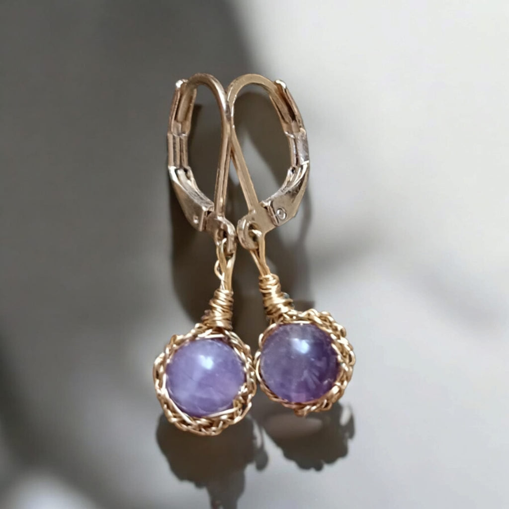 Amethyst-Crochet lace earrings made of copper wire and semi-precious stones