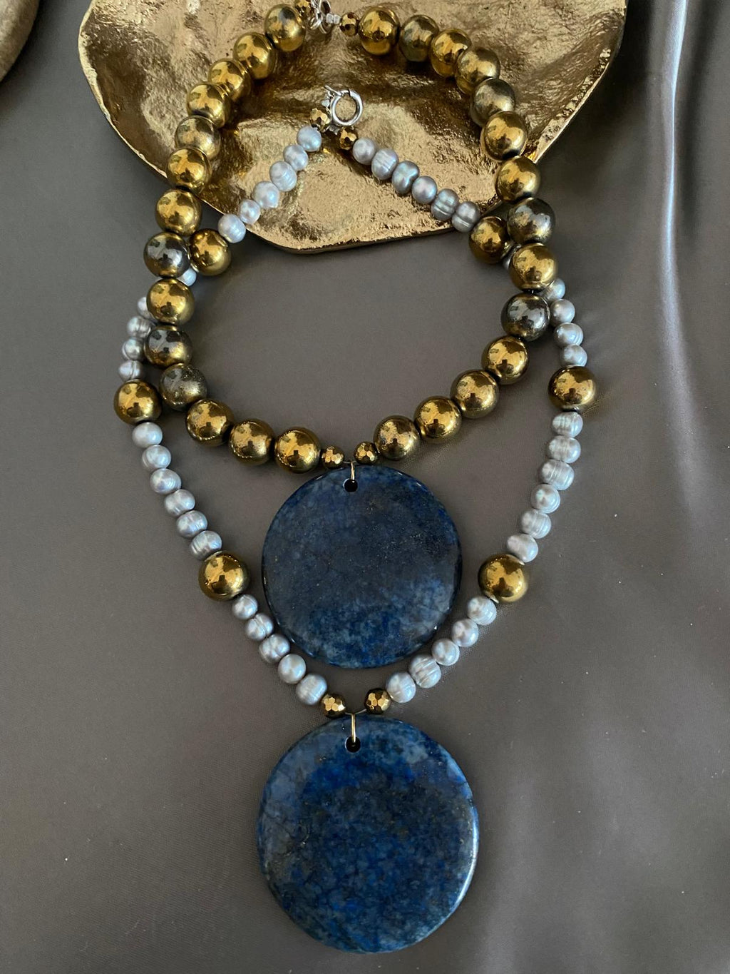 Pearls and Hematite with Lapis Lazuli