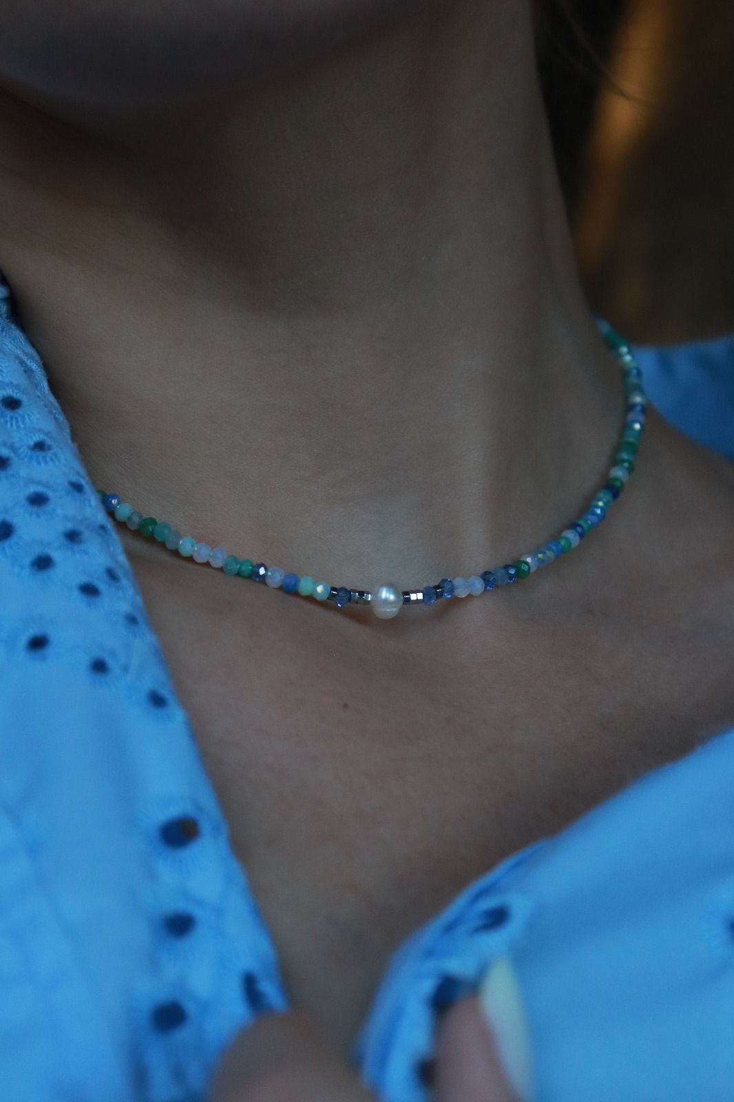 Necklace of blue crystals, cultured pearls and hematite