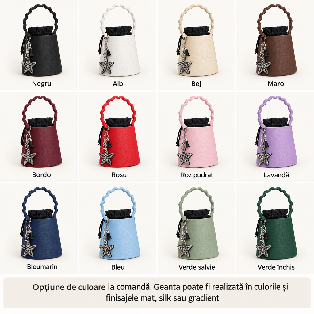 Previzualizare orientativă a genții în 12 nuanțe. Opțiune de culoare la comandă.