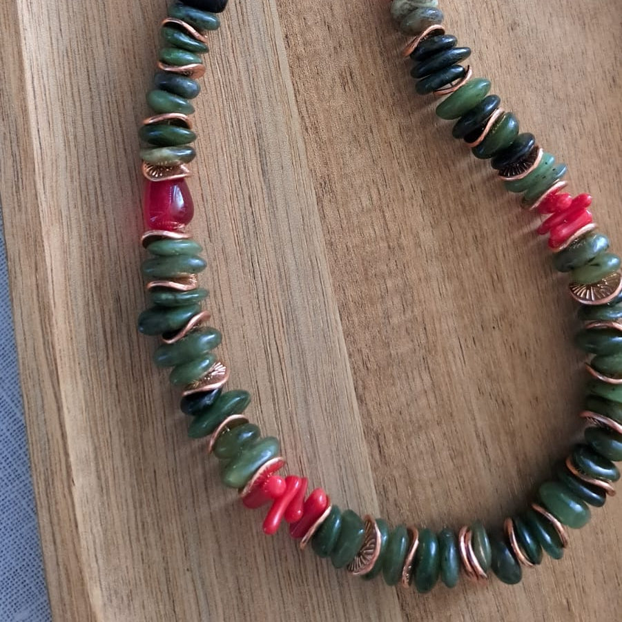 Jade, coral and copper necklace
