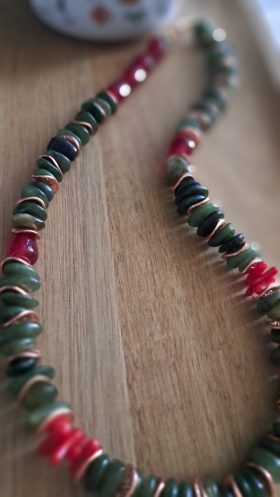 Jade, coral and copper necklace