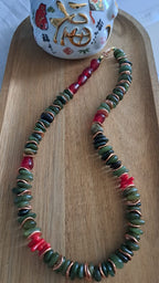 Jade, coral and copper necklace