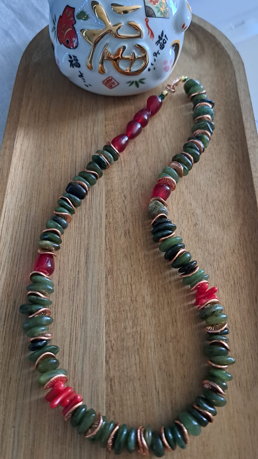 Jade, coral and copper necklace