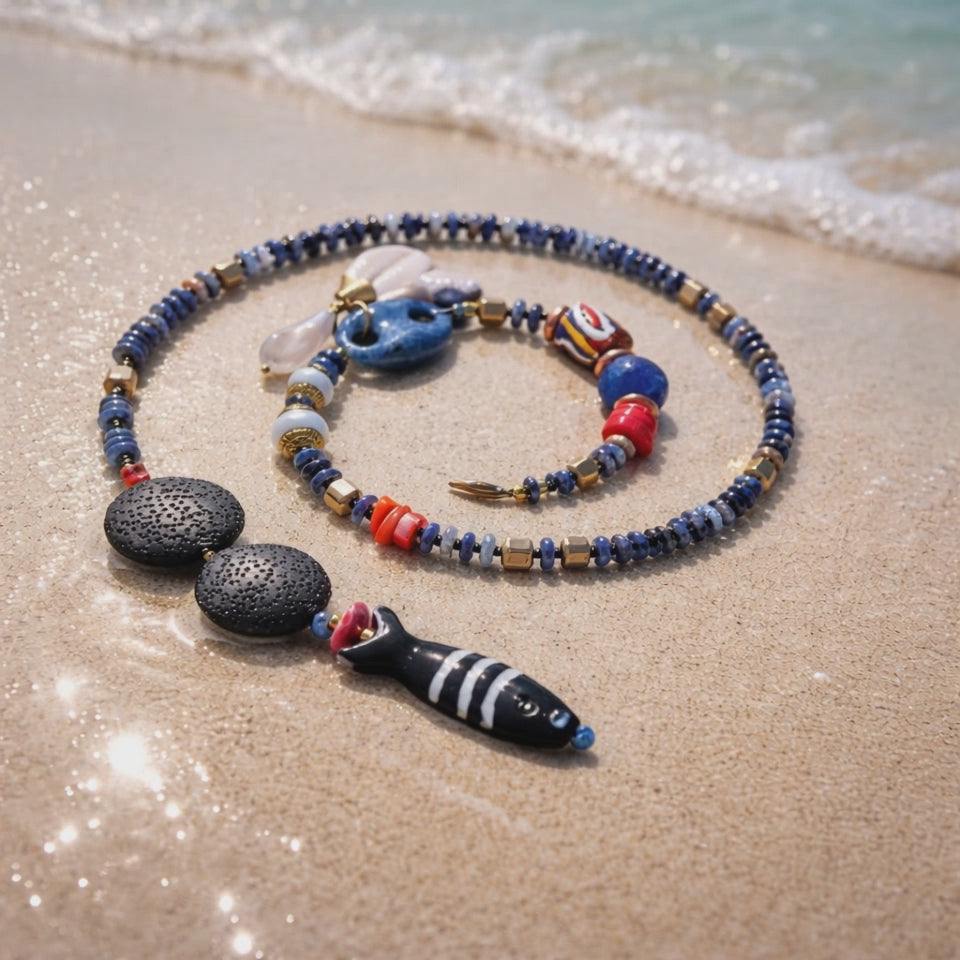 Sodalit, margele Myiuki, sticla Krobo si lava stone