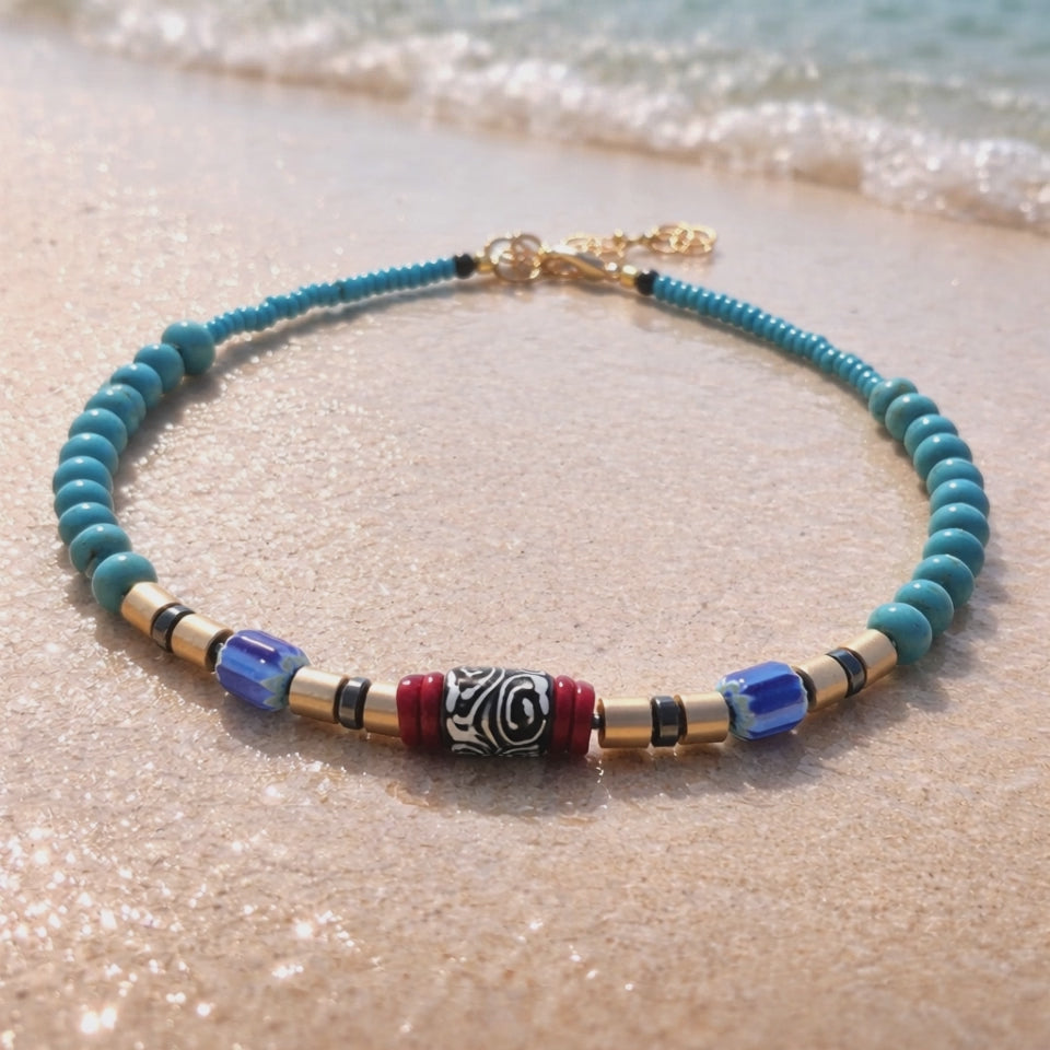 Hematite, coral, sticla Krobo si turcoaz sintetic