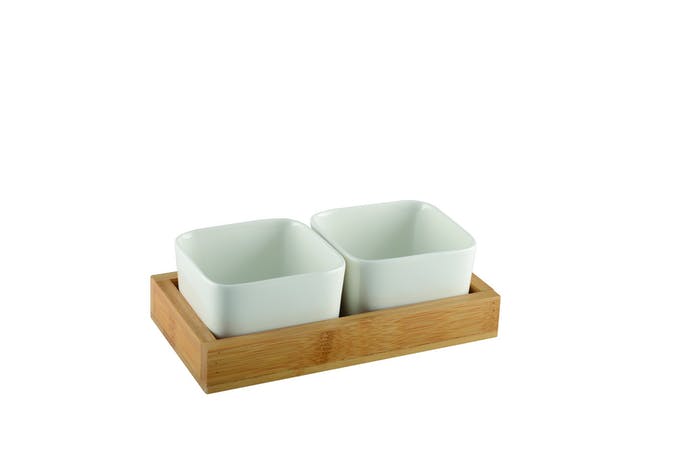 Gift set with 2 square ceramic bowls and bamboo stand