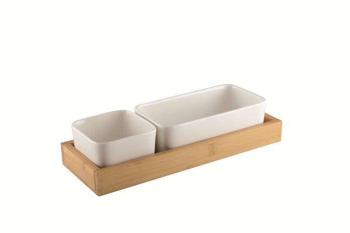 Gift set with 2 asymmetrical square bowls, ceramic+bamboo