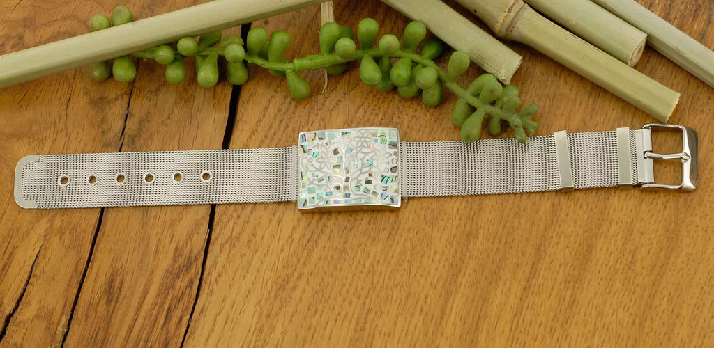 Stainless steel bracelet with mother-of-pearl inlays, tree of life theme /Fashion gifts