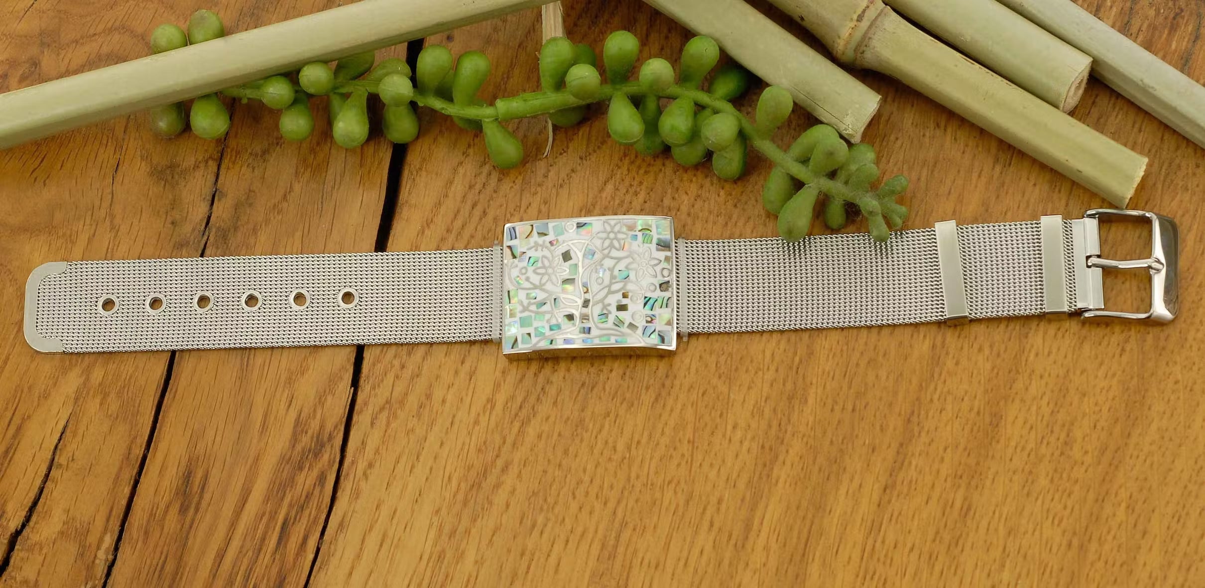 Stainless steel bracelet with mother-of-pearl inlays, tree of life theme /Fashion gifts