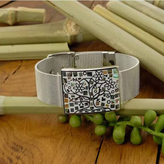 Stainless steel bracelet with mother-of-pearl inlays, tree of life theme /Fashion gifts