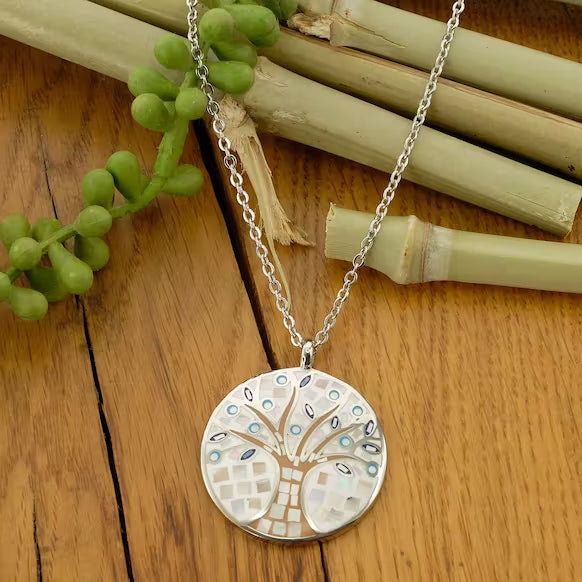Stainless steel necklace with mother-of-pearl inlays, tree of life pattern /fashion gifts