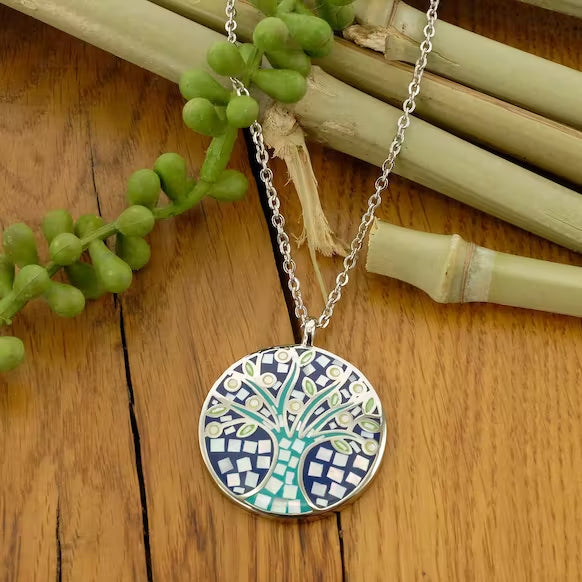 Stainless steel necklace with mother-of-pearl inlays, tree of life pattern /fashion gifts